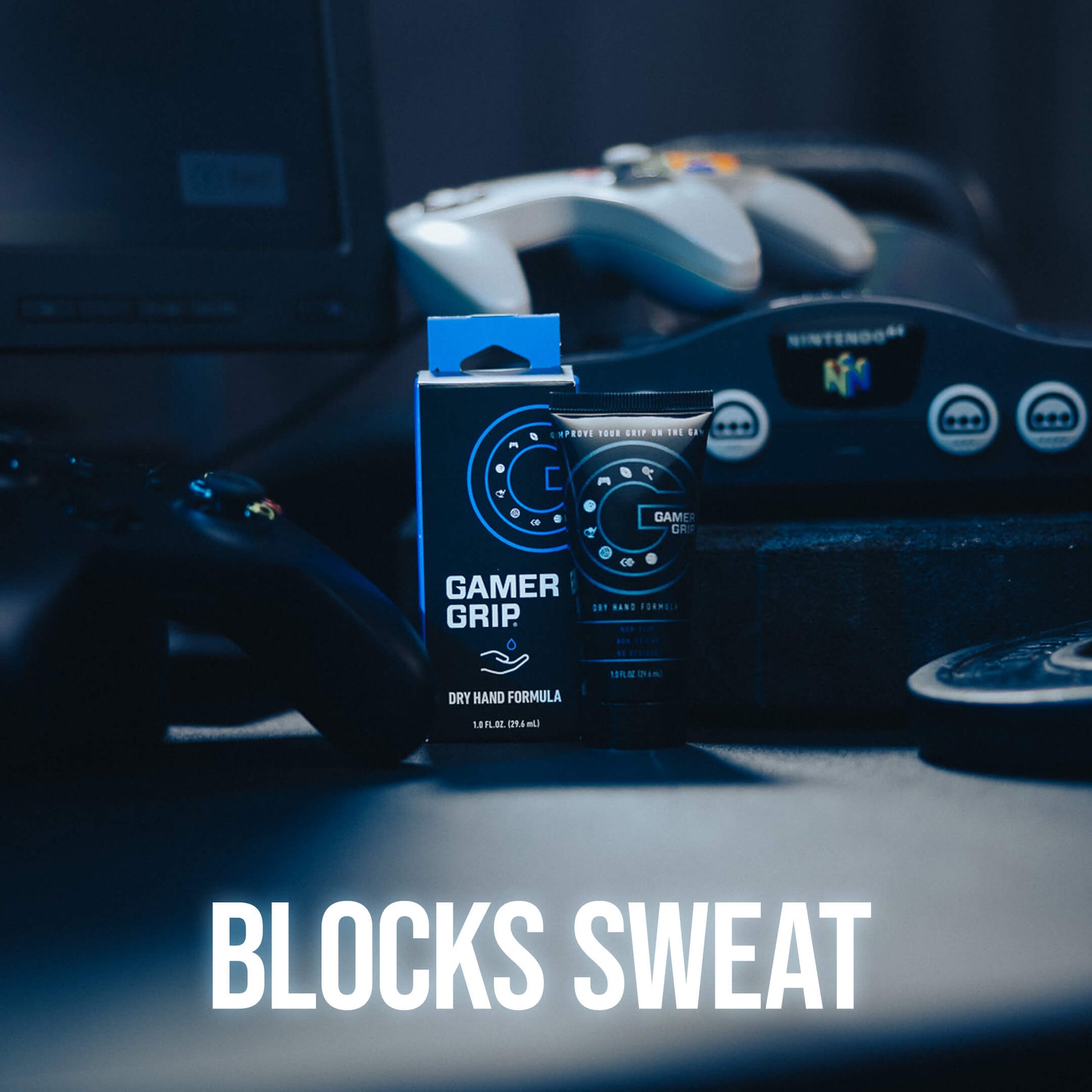 Gamer Grip product in gaming setting with Blocks Sweat text over