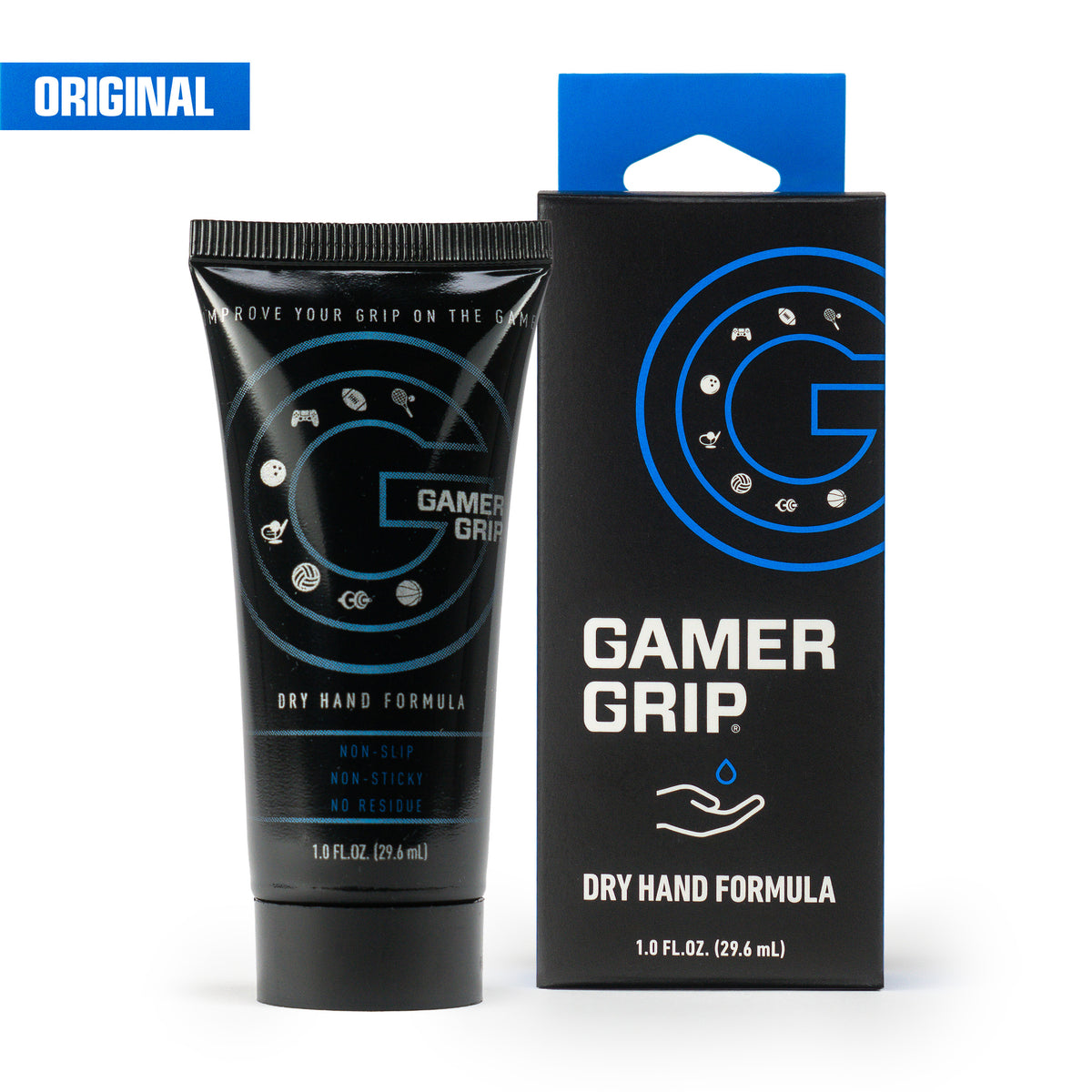 Gamer Grip Original 1 oz tube next to its kraft retail box, both reading Blocks Sweat Performance Grip Formula
