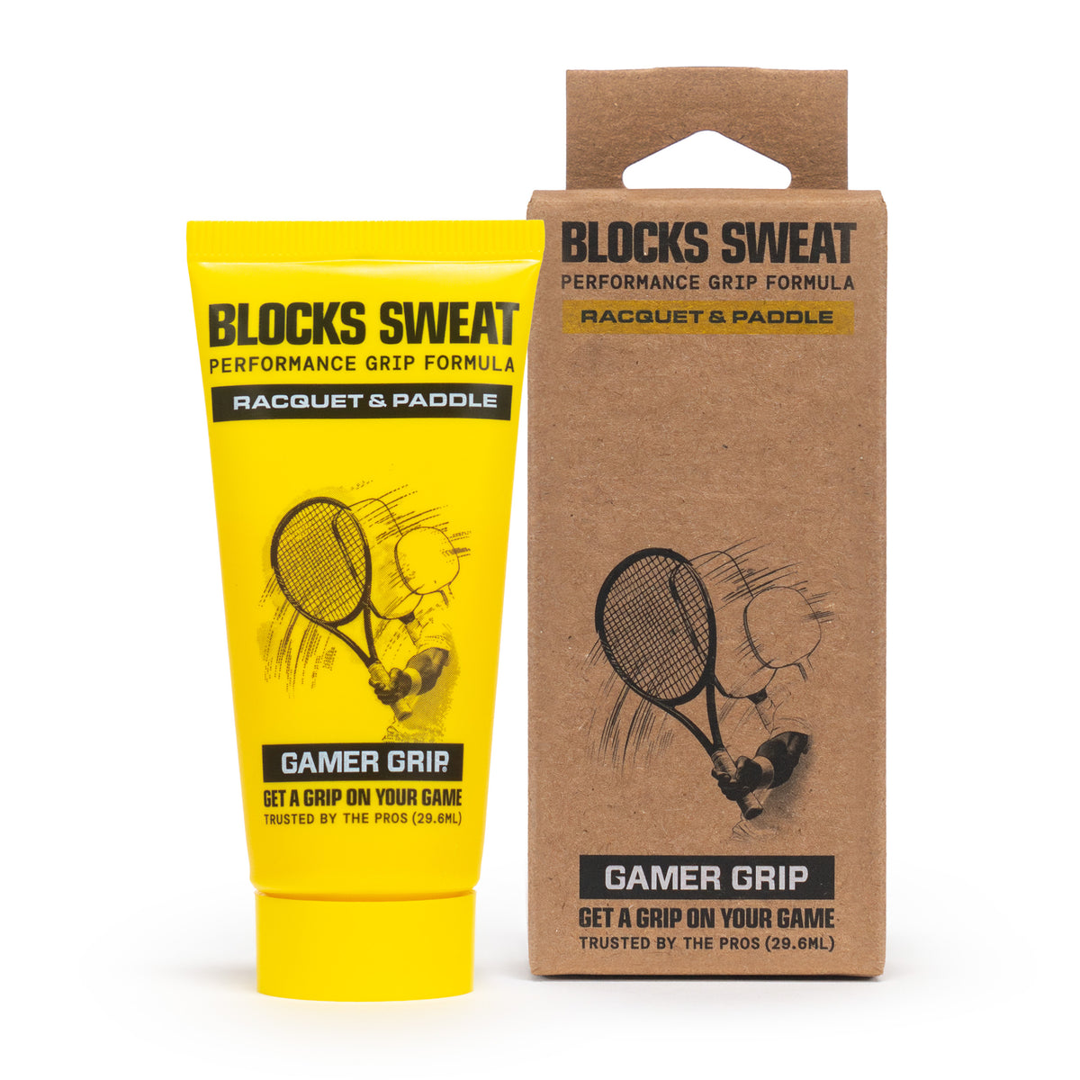Yellow Gamer Grip for Racquet & Paddle 1 oz tube next to its kraft retail box, both reading Blocks Sweat Performance Grip Formula
