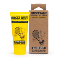 Yellow Gamer Grip for Racquet & Paddle 1 oz tube next to its kraft retail box, both reading Blocks Sweat Performance Grip Formula