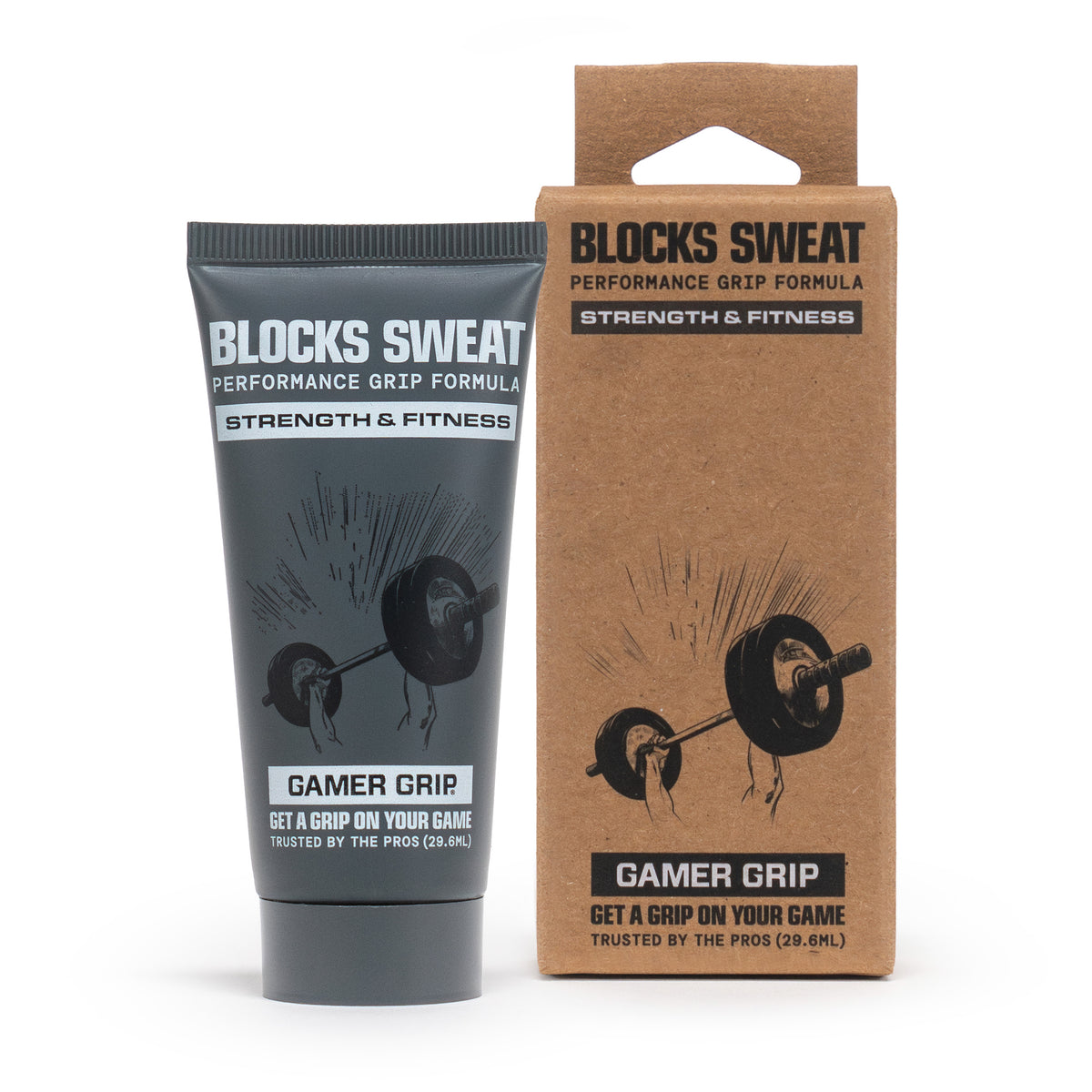 Charcoal Gamer Grip for Strength & Fitness 1 oz tube next to its kraft retail box, both reading Blocks Sweat Performance Grip Formula