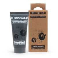 Charcoal Gamer Grip for Strength & Fitness 1 oz tube next to its kraft retail box, both reading Blocks Sweat Performance Grip Formula